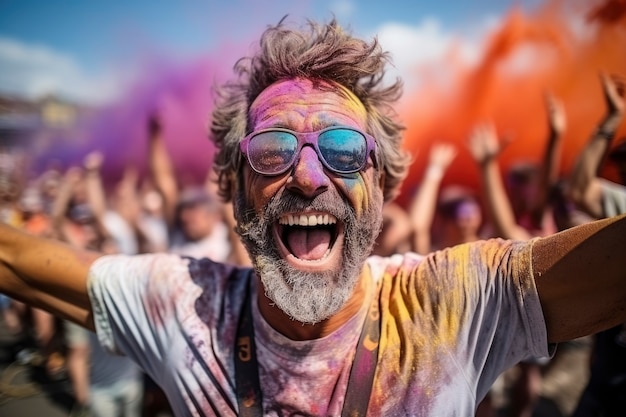 Portrait of smiley man at holi festival with colorful powder