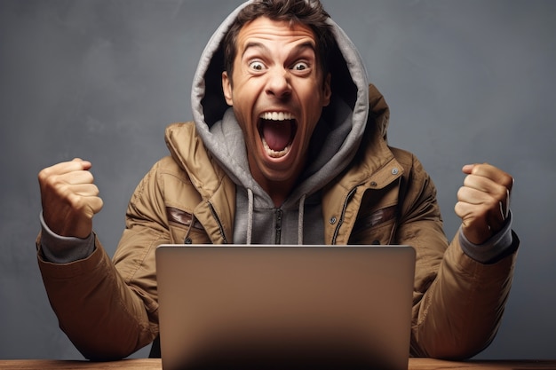 Free Photo portrait of smiley man with laptop