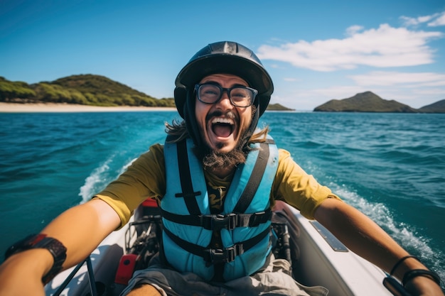 Free photo portrait of smiley man with raft