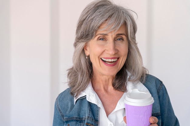 Portrait of smiley senior woman holding cup