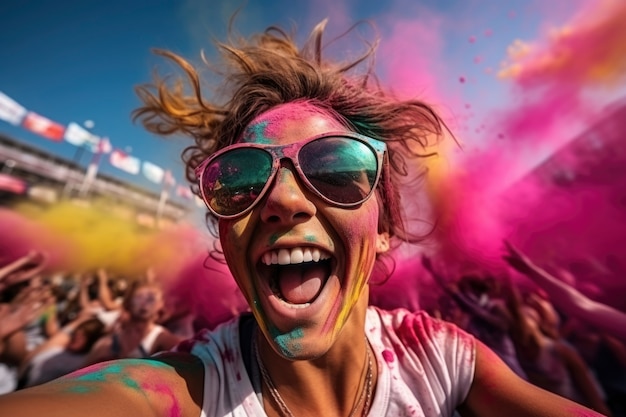 Free Photo portrait of smiley woman at holi festival with colorful powder