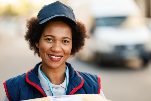 Portrait of smiling African American female courier making a delivery and looking at camera