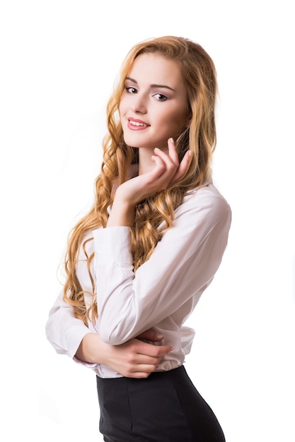 Portrait of smiling business woman, isolated on white background