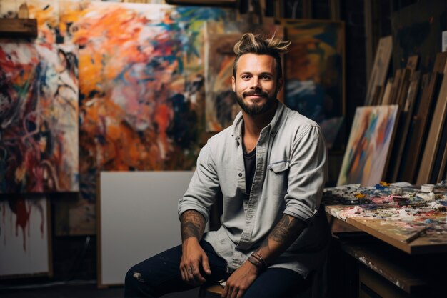 Portrait of smiling man in front of painting