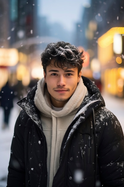 Portrait of smiling man in snow