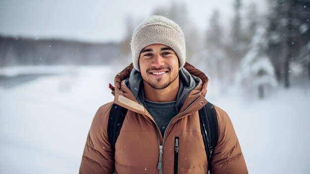 Portrait of smiling man in snow