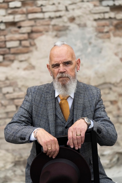 Free photo portrait of stylish senior man sitting outdoors