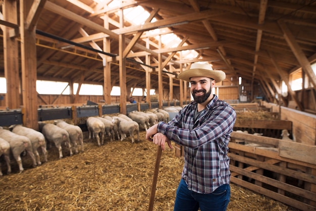 Portrait of successful farmer cattleman proudly standing in sheep barn