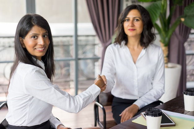 Portrait of successful female partners shaking hands.