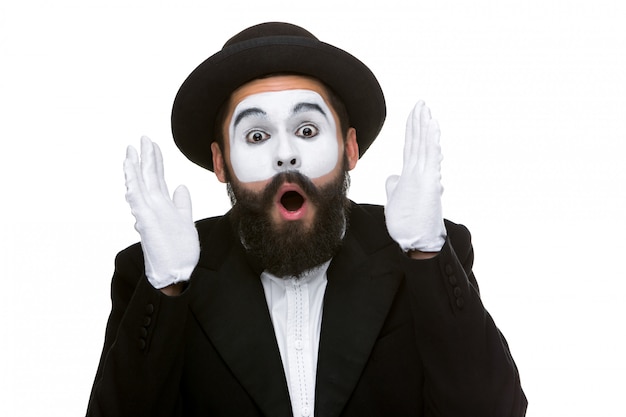 Portrait of the surprised and joyful mime with open mouth