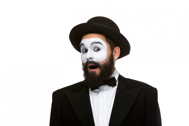 Portrait of the surprised mime with open mouth