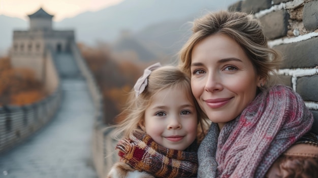 Free photo portrait of tourist family visiting the great wall of china