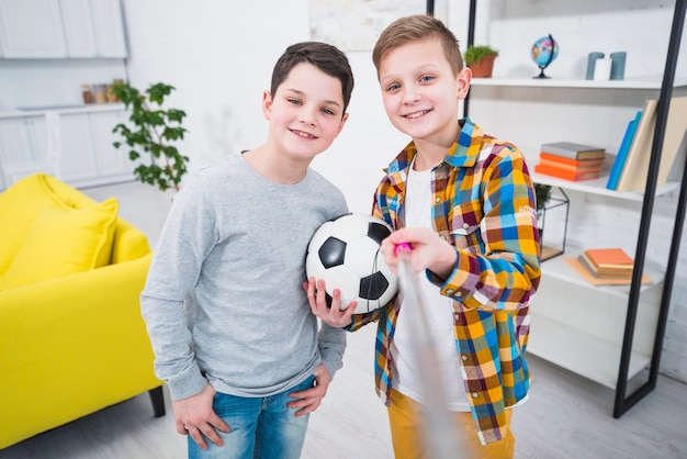 Portrait of two boys at home