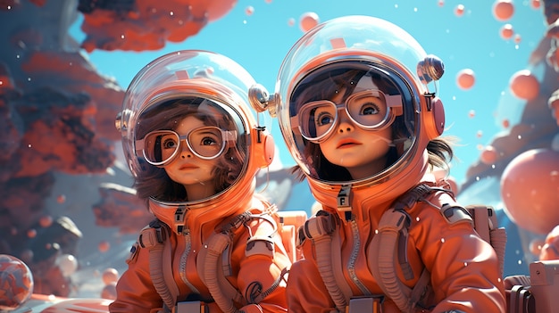 Free photo portrait of two child astronauts in space suits