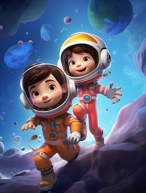 Portrait of two child astronauts in space suits