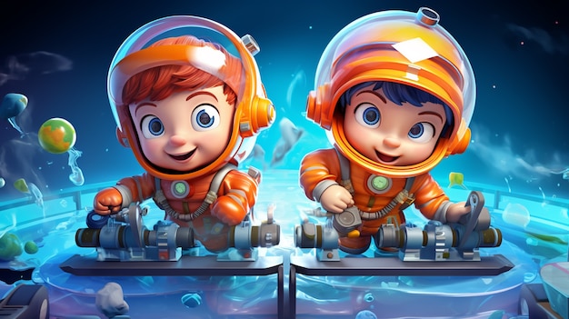 Free photo portrait of two child astronauts in space suits