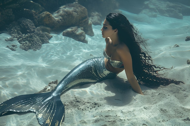 Portrait of woman as a fantastic mermaid creature with tail