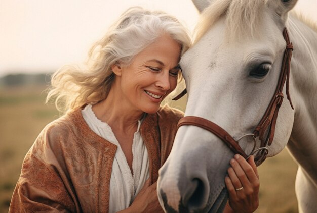 Portrait of woman caring for her horse