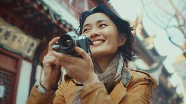 Portrait of woman holding device and taking photos for world photography day