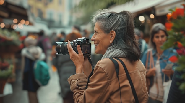 Free photo portrait of woman holding device and taking photos for world photography day