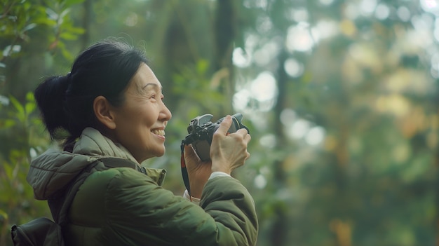 Portrait of woman holding device and taking photos for world photography day