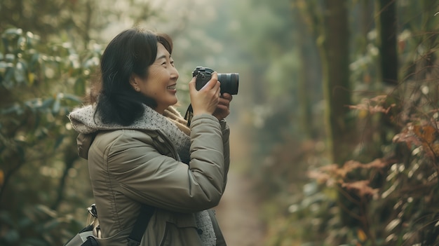 Portrait of woman holding device and taking photos for world photography day