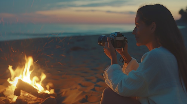 Free Photo portrait of woman holding device and taking photos for world photography day