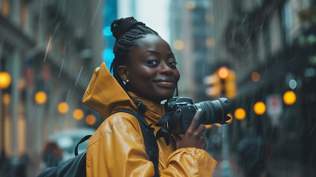 Portrait of woman holding device and taking photos for world photography day