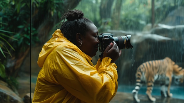 Portrait of woman holding device and taking photos for world photography day