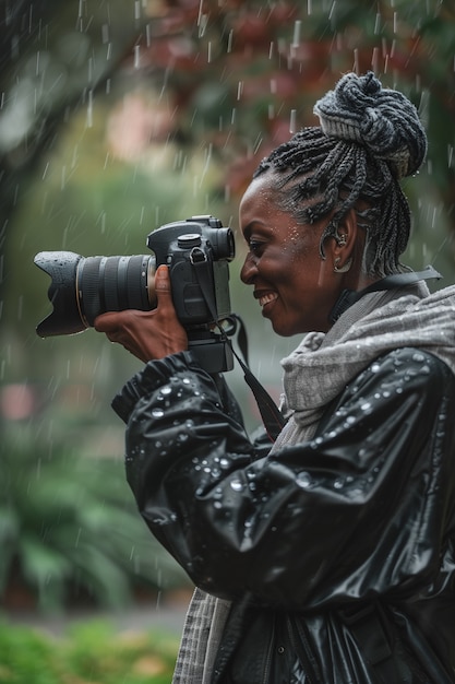 Free photo portrait of woman holding device and taking photos for world photography day