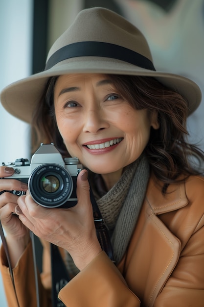 Free photo portrait of woman holding device and taking photos for world photography day