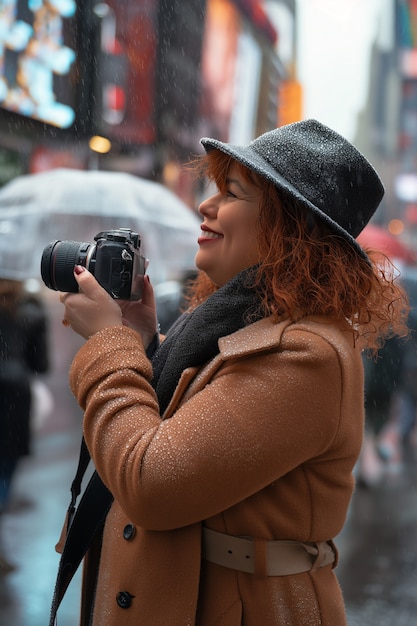 Free photo portrait of woman holding device and taking photos for world photography day