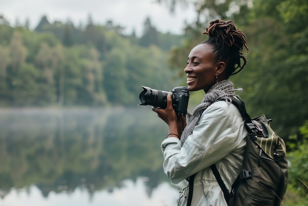 Free photo portrait of woman holding device and taking photos for world photography day