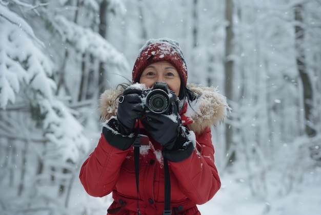 Portrait of woman holding device and taking photos for world photography day