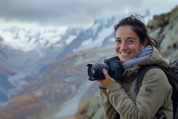 Portrait of woman holding device and taking photos for world photography day