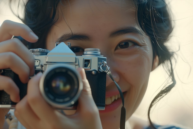 Portrait of woman holding device and taking photos for world photography day