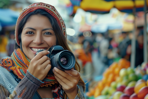 Free photo portrait of woman holding device and taking photos for world photography day