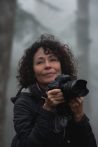 Free Photo portrait of woman holding device and taking photos for world photography day