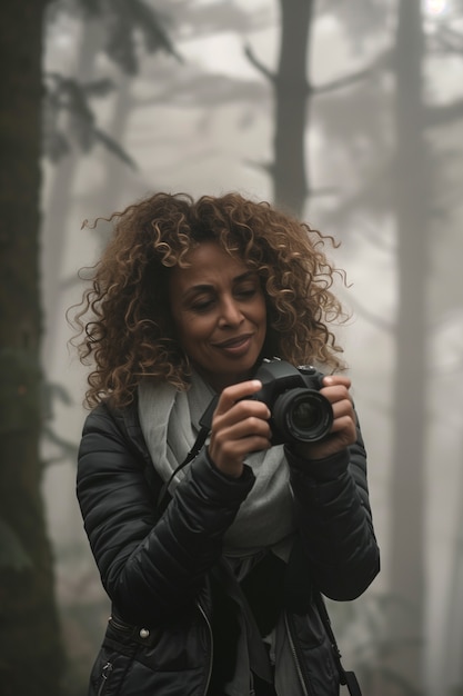 Portrait of woman holding device and taking photos for world photography day