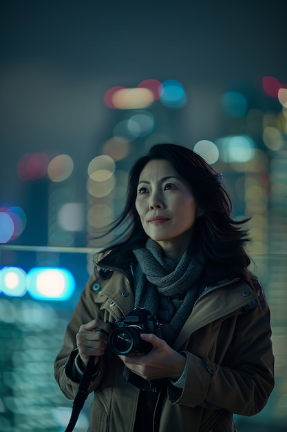 Portrait of woman holding device and taking photos for world photography day