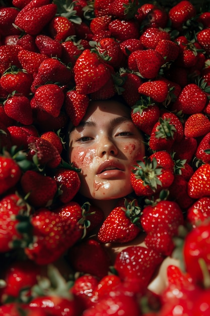 Free photo portrait of  woman interacting with fruits