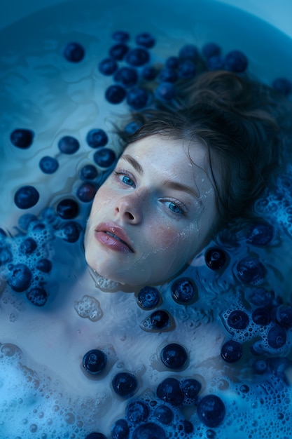 Free Photo portrait of  woman interacting with fruits