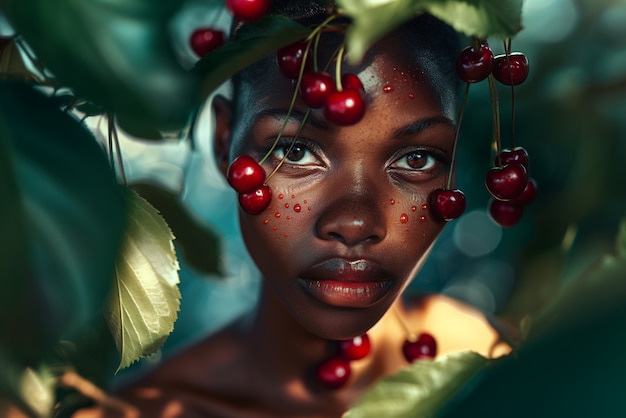 Portrait of  woman interacting with fruits