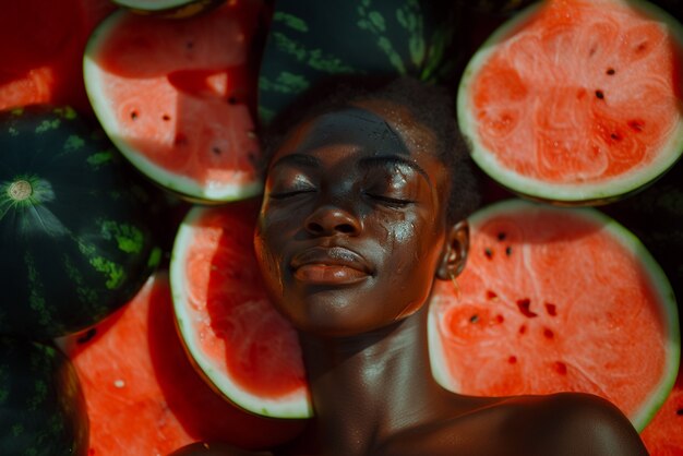 Portrait of  woman interacting with fruits