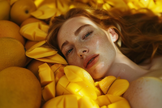 Free photo portrait of  woman interacting with fruits