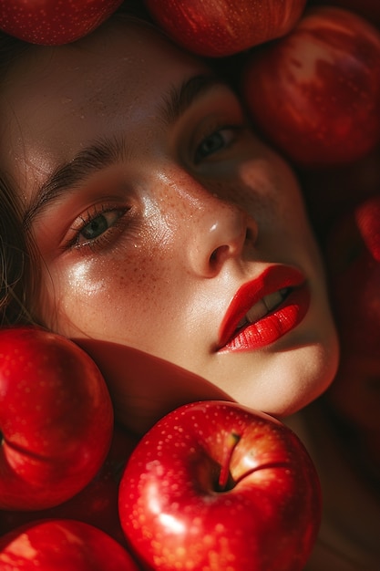 Free Photo portrait of  woman interacting with fruits