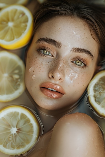 Free photo portrait of  woman interacting with fruits