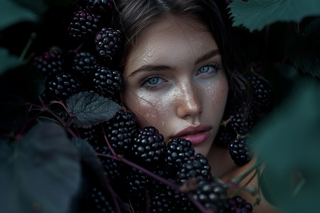 Free Photo portrait of  woman interacting with fruits