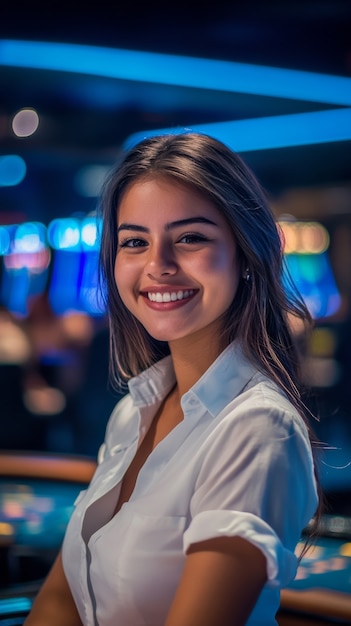 Portrait of woman playing poker in casino