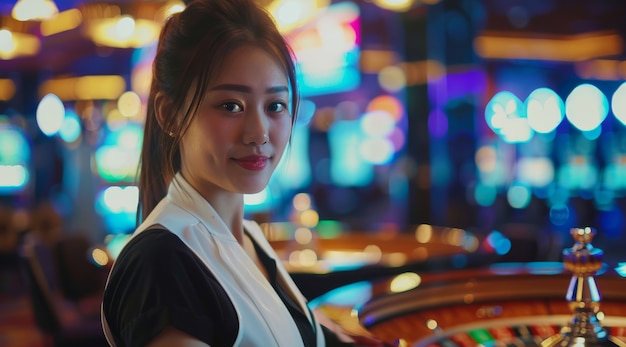 Free photo portrait of woman playing poker in casino